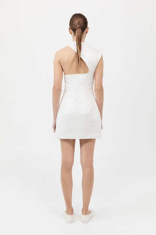 Asymmetric Tuck Mini Dress - White