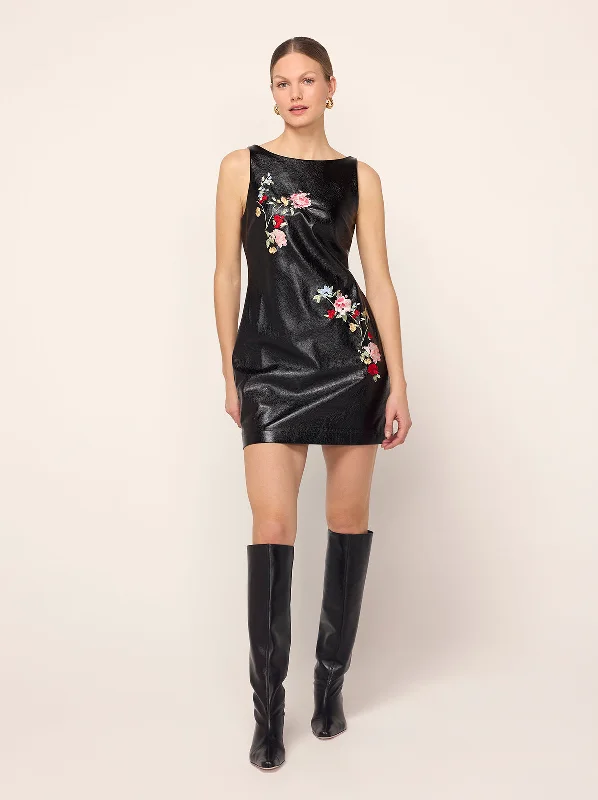 Carolyn Black Embroidered Vinyl Mini Dress