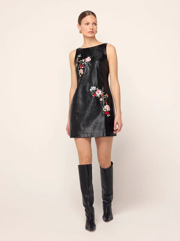 Carolyn Black Embroidered Vinyl Mini Dress