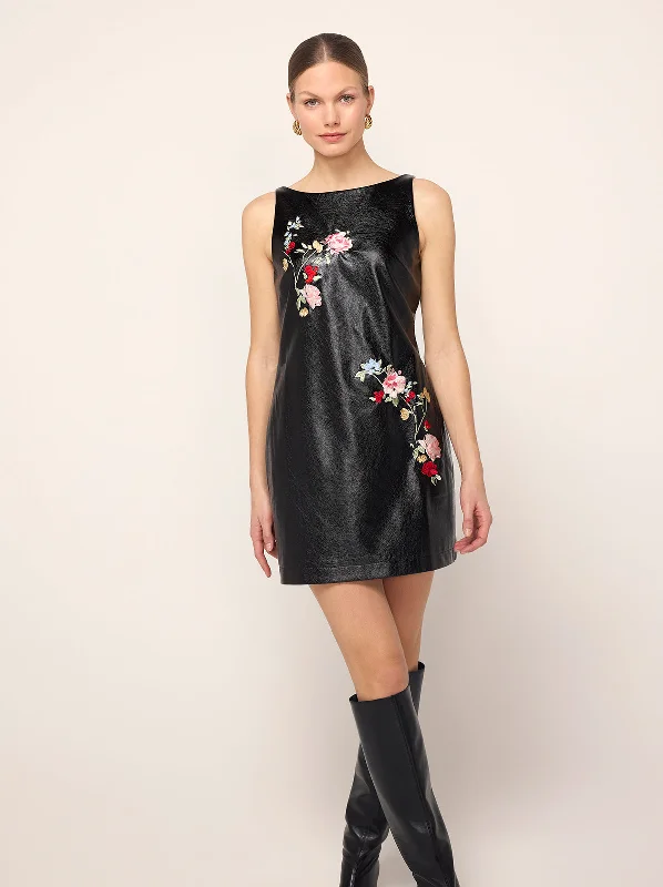 Carolyn Black Embroidered Vinyl Mini Dress