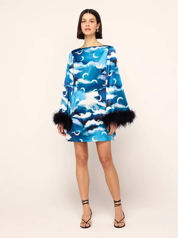 Celina Blue Cloud Print Feather Mini Dress