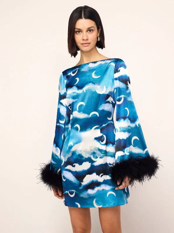 Celina Blue Cloud Print Feather Mini Dress