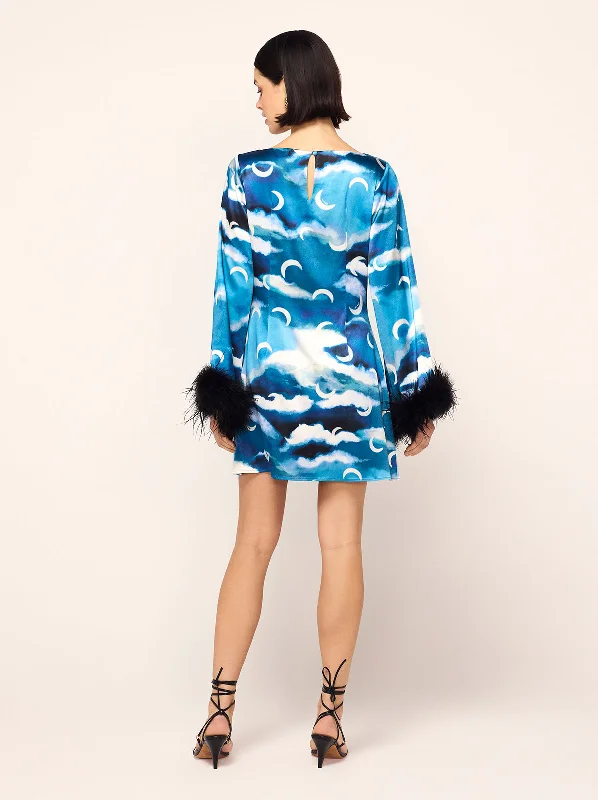 Celina Blue Cloud Print Feather Mini Dress