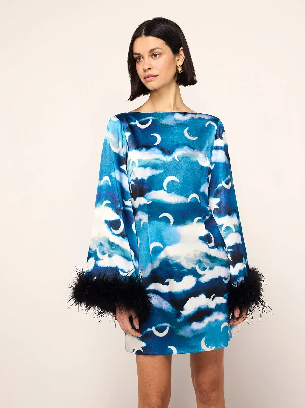 Celina Blue Cloud Print Feather Mini Dress