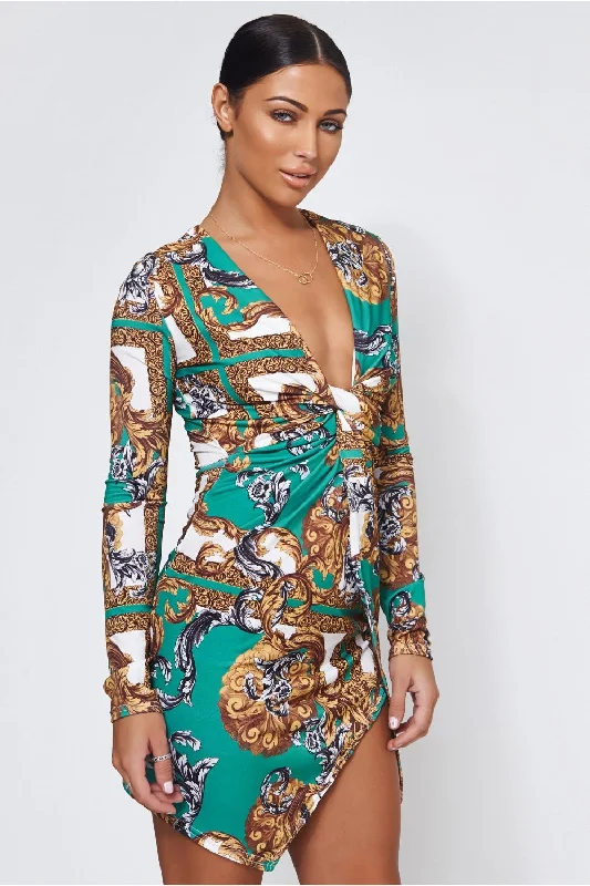 Green Baroque Print Twist Front Mini Dress