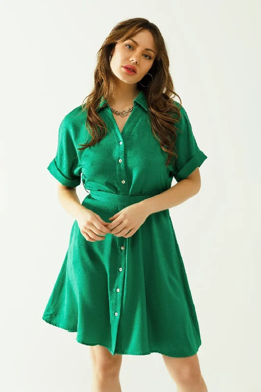 Relaxed Belted Mini Dress With Button Placked Down The Front In Green