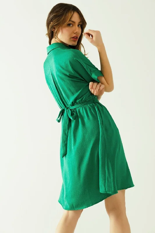 Relaxed Belted Mini Dress With Button Placked Down The Front In Green