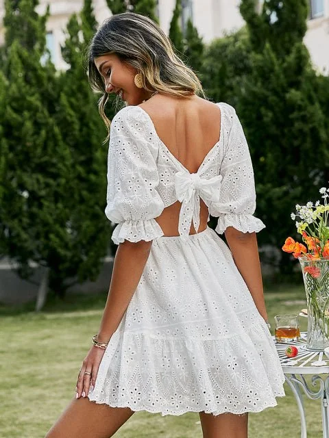 SIMPLEE Cotton Lace Hollow-Out High Waist Ruffle White Mini Dress