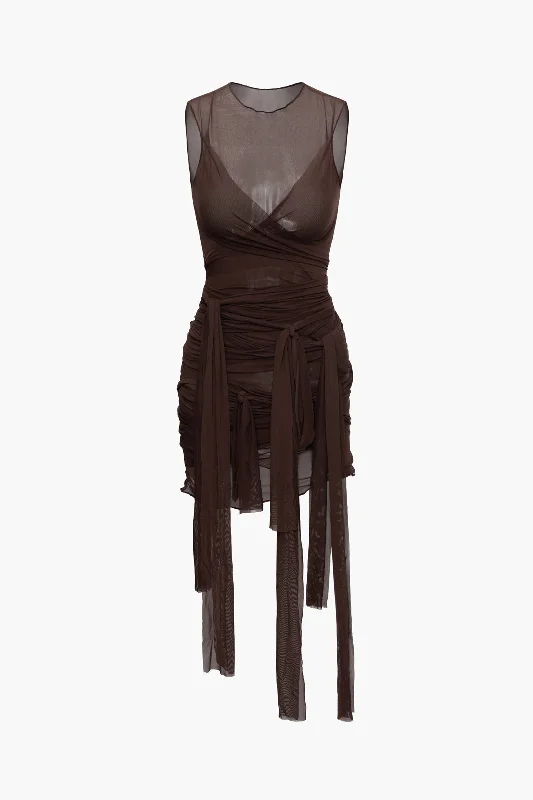 Solid Color Sheer Mesh Wrap Tie Ribbon Mini Dress