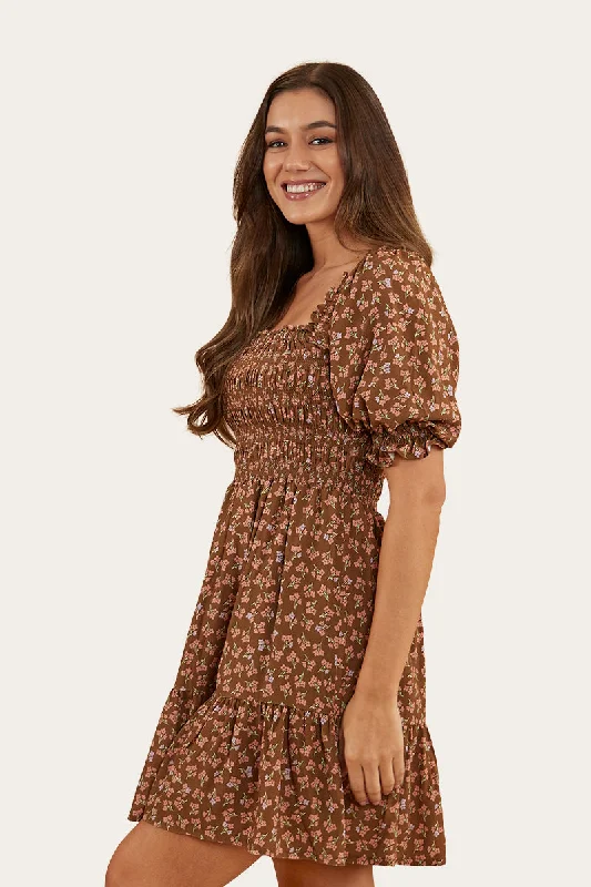 Tahlia Womens Shirred Mini Dress - Toffee