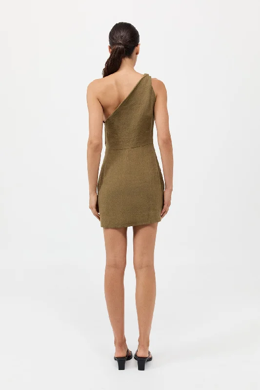 Twisted Linen Mini Dress - Olive