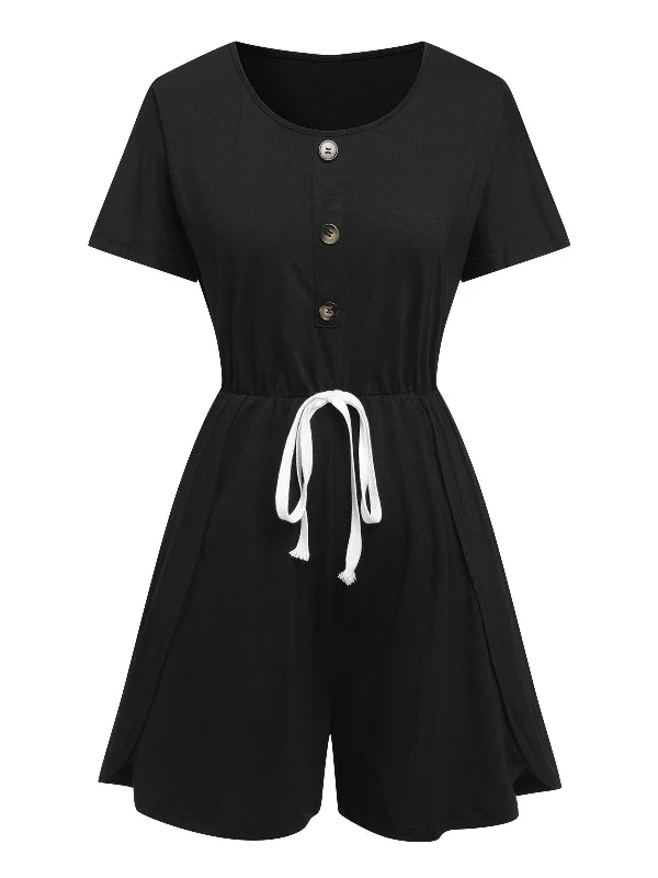 Black 1960s Solid Drawstring Waist Romper