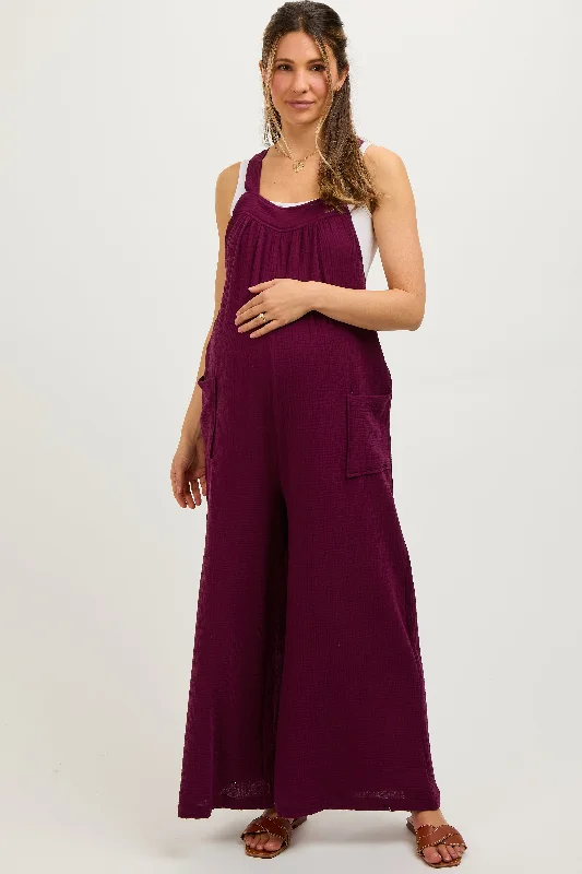 Burgundy Wide Leg Tie Back Maternity Overalls