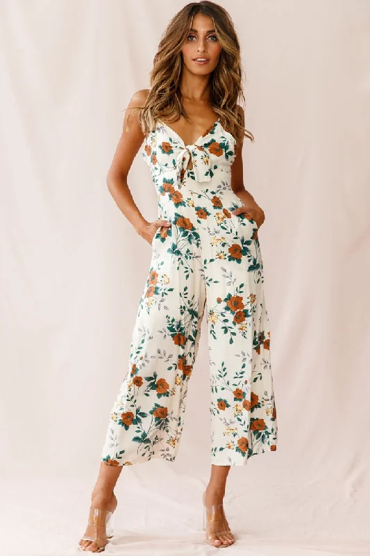 Call Me Wide-Leg Tied Bust Jumpsuit Floral Print Beige