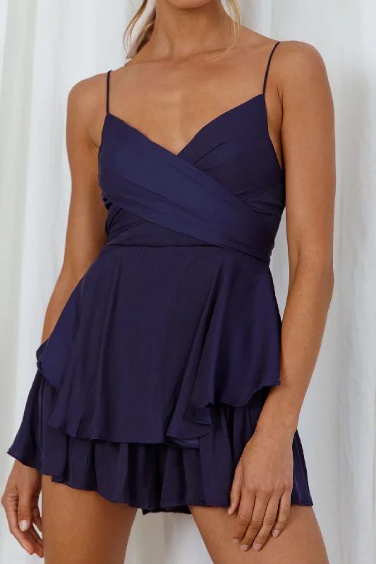 It's Complicated Crossover Bodice Flounce Romper Navy