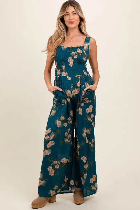 Teal Floral Smocked Maternity Jumpsuit