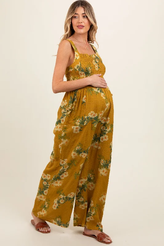 Yellow Floral Smocked Maternity Jumpsuit