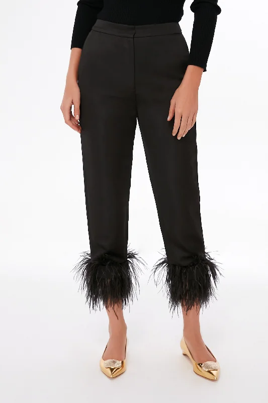 Black Tech Satin Feather Trim Pants