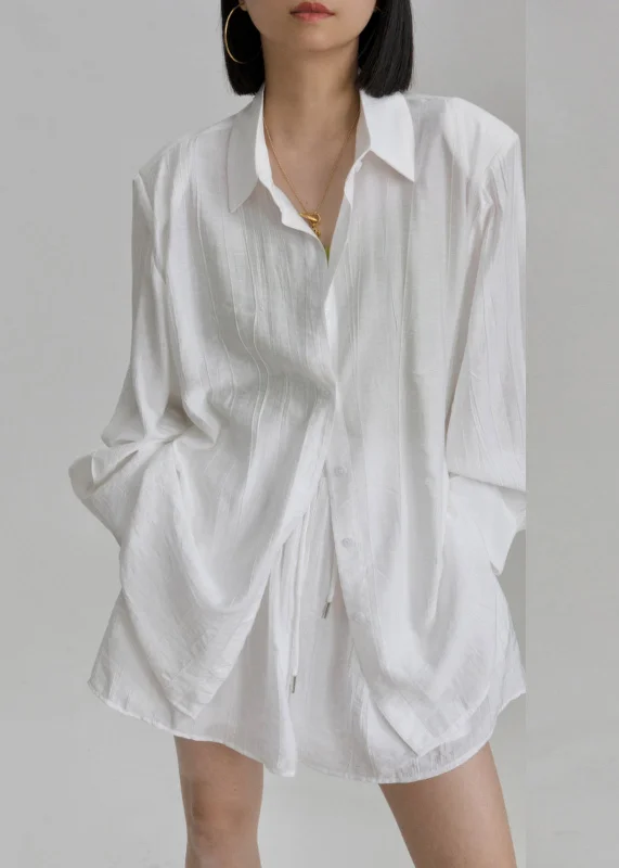 Casual White Peter Pan Collar Shirts And Shorts Two Pieces Set Long Sleeve