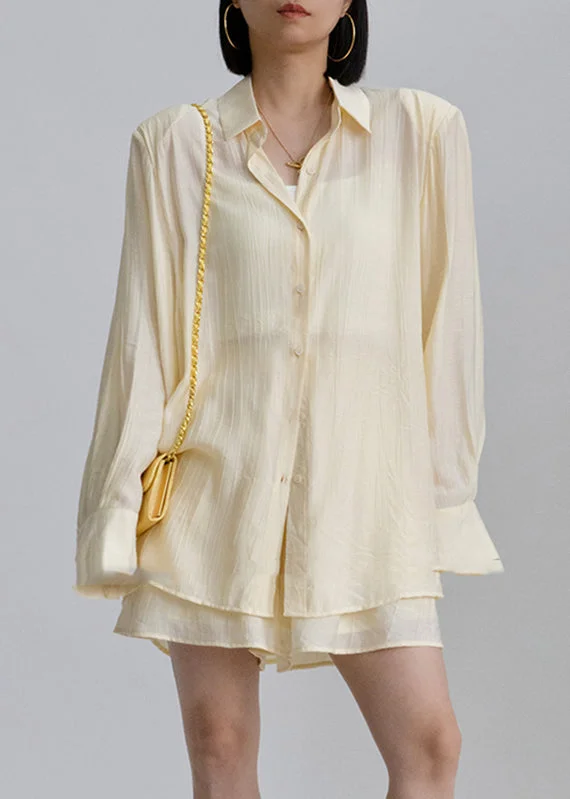 Casual White Peter Pan Collar Shirts And Shorts Two Pieces Set Long Sleeve