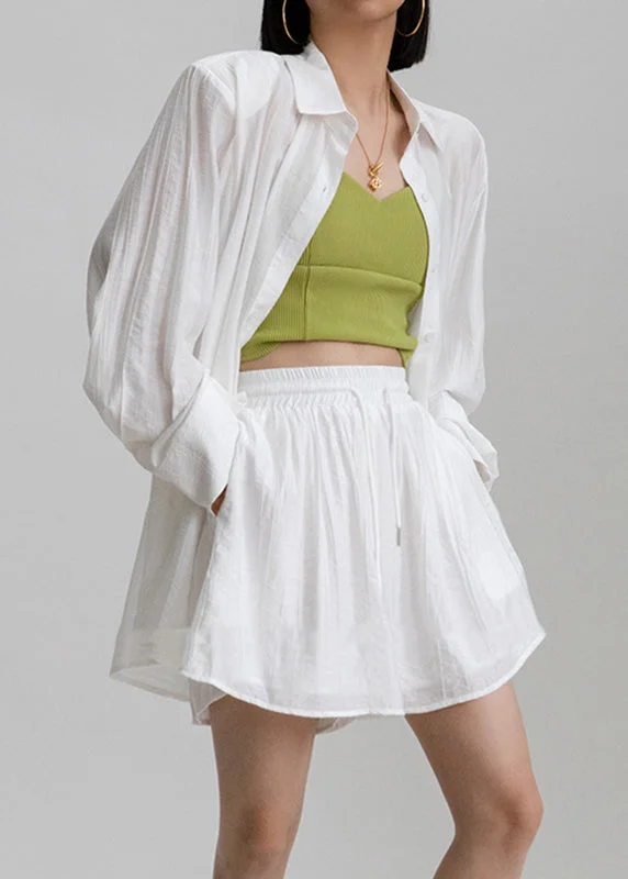 Casual White Peter Pan Collar Shirts And Shorts Two Pieces Set Long Sleeve