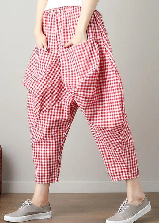 fashion casual red plaid cotton crop pants loose elastic waist pants