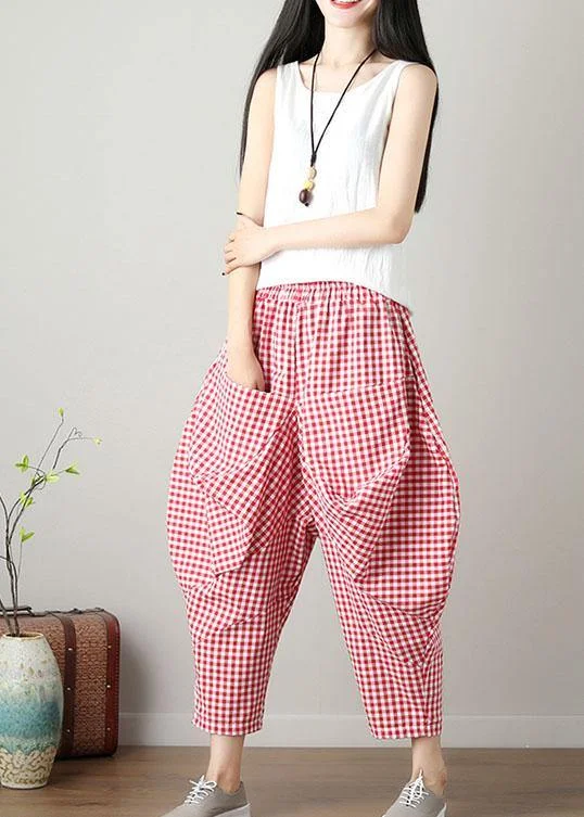 fashion casual red plaid cotton crop pants loose elastic waist pants