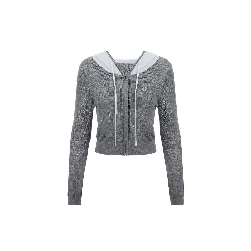 Grey Color Blocked Knit Short Zip Hoodie