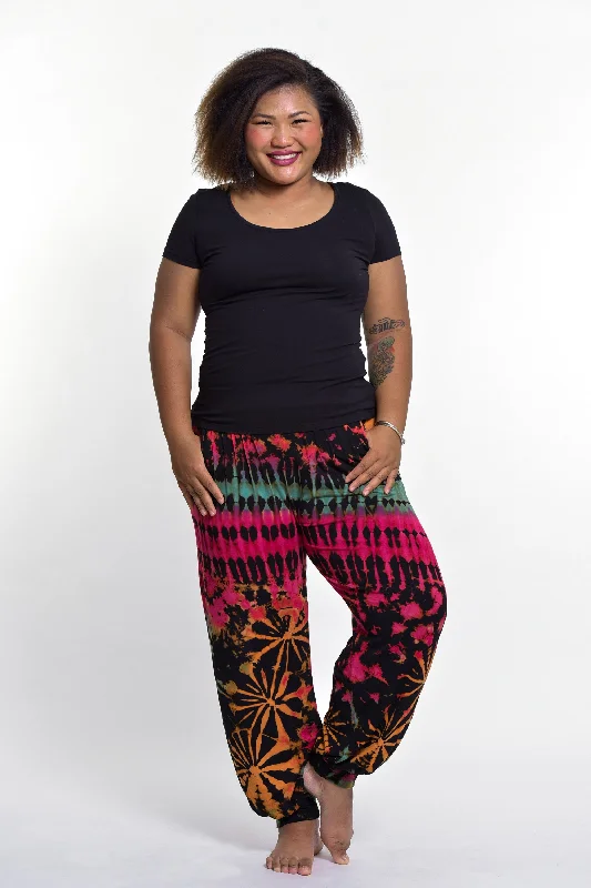 Plus Size Tie Dye Cotton Women Harem Pants in Black Pink