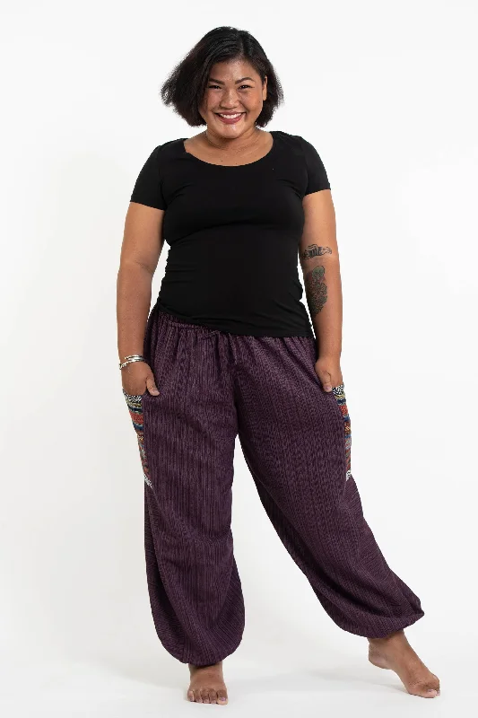 Plus Size Women's Drawstring Pinstripes Cotton Pants with Aztec Pocket in Purple