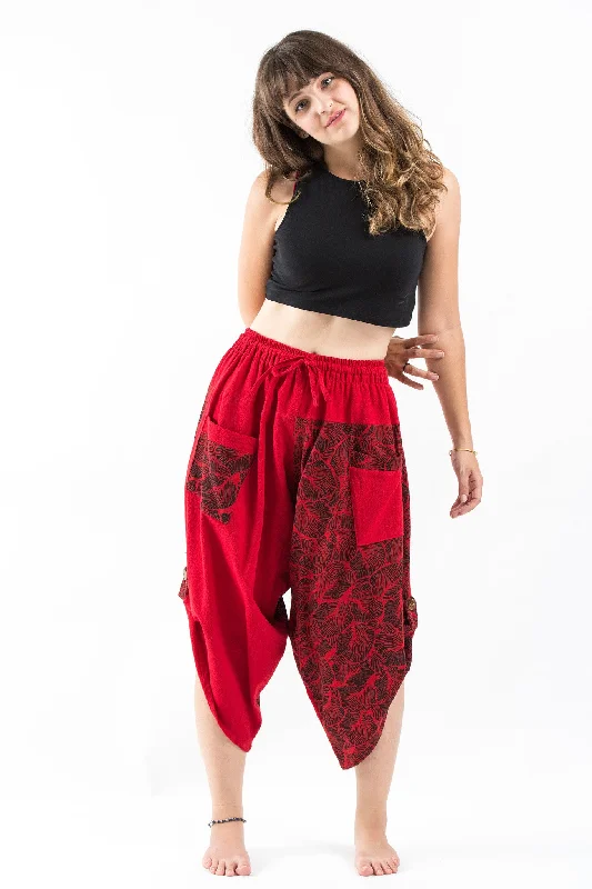 Two Tone Leaves Prints Women's Three Quarter Pants in Red