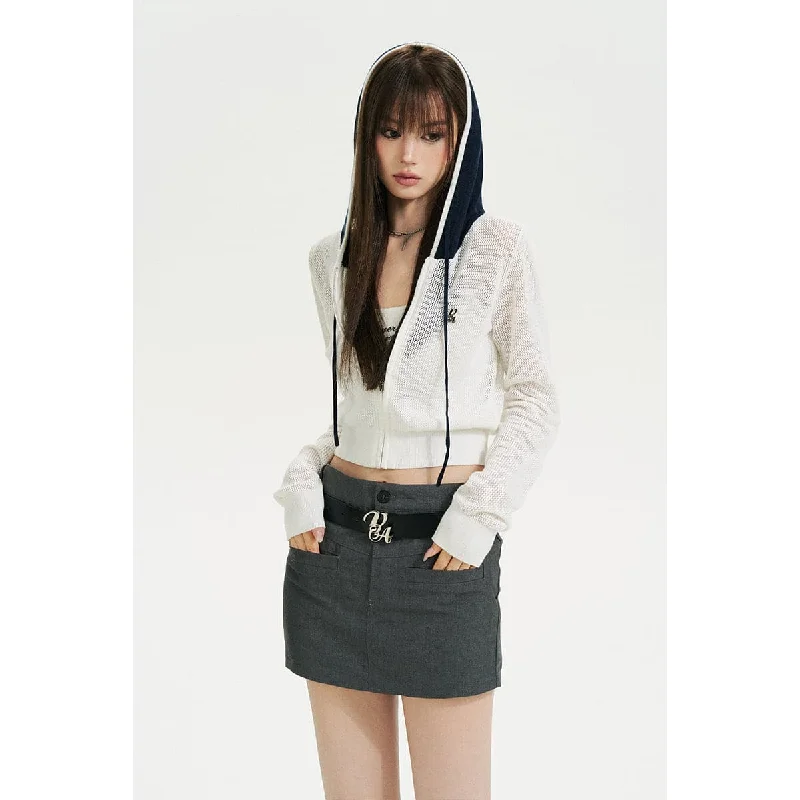 White Color Blocked Knit Short Zip Hoodie