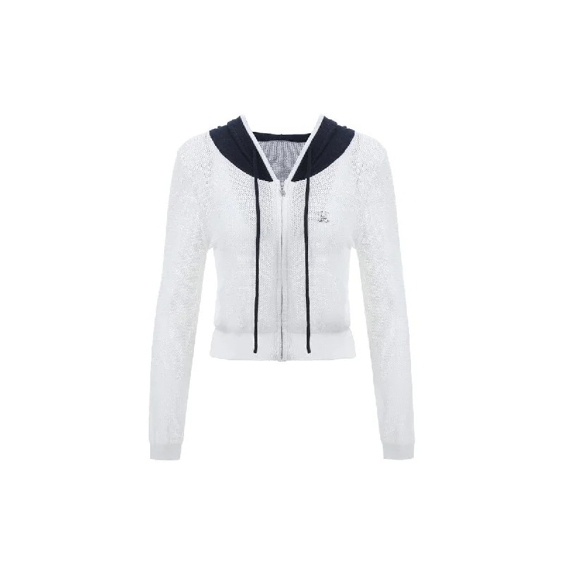 White Color Blocked Knit Short Zip Hoodie