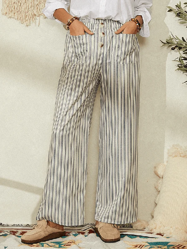 Women Classic Striped Print Elasitc Waist Button Detail Casual Pants with Pockets