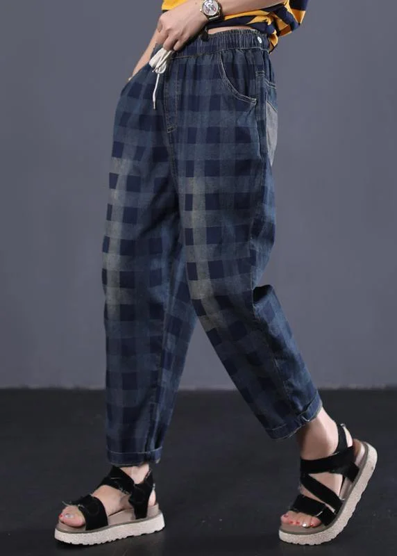 women new navy plaid cotton casual pant vintage elastic waist pants