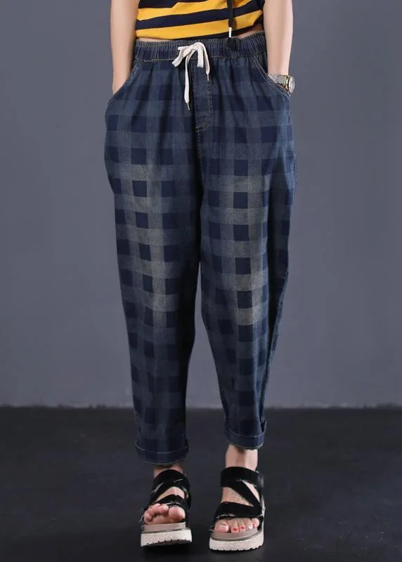 women new navy plaid cotton casual pant vintage elastic waist pants