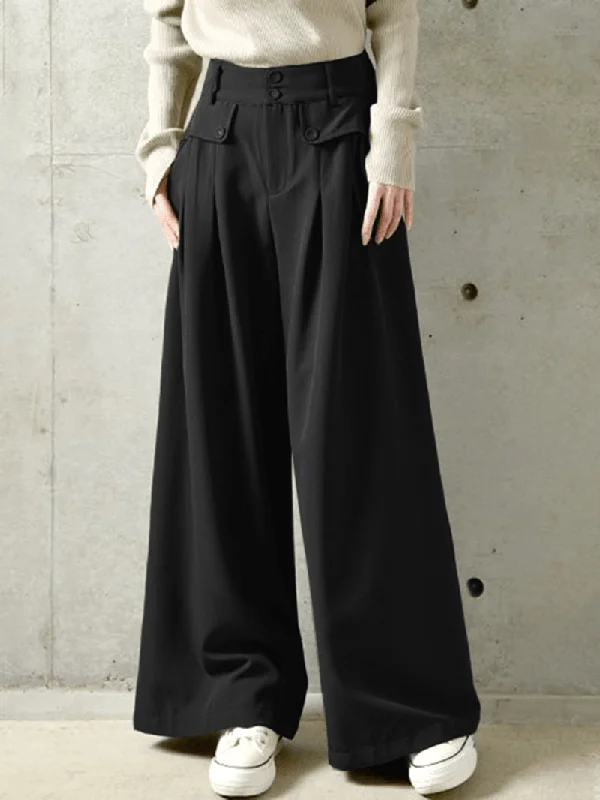 Women Solid Color Button Casual Loose Wide Leg Pants with Pocket