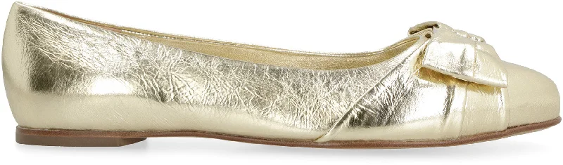 FERRAGAMO Gold Metallic Leather Ballet Flats with Vara Bow and Round Toe for Women