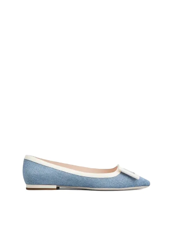 ROGER VIVIER Blue and Ecru Denim Buckle Ballerinas