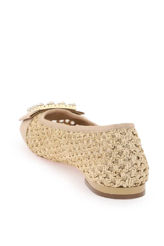 ROGER VIVIER Tan Raffia Ballerina Flats for Women with Strass Buckle and Grosgrain Insert